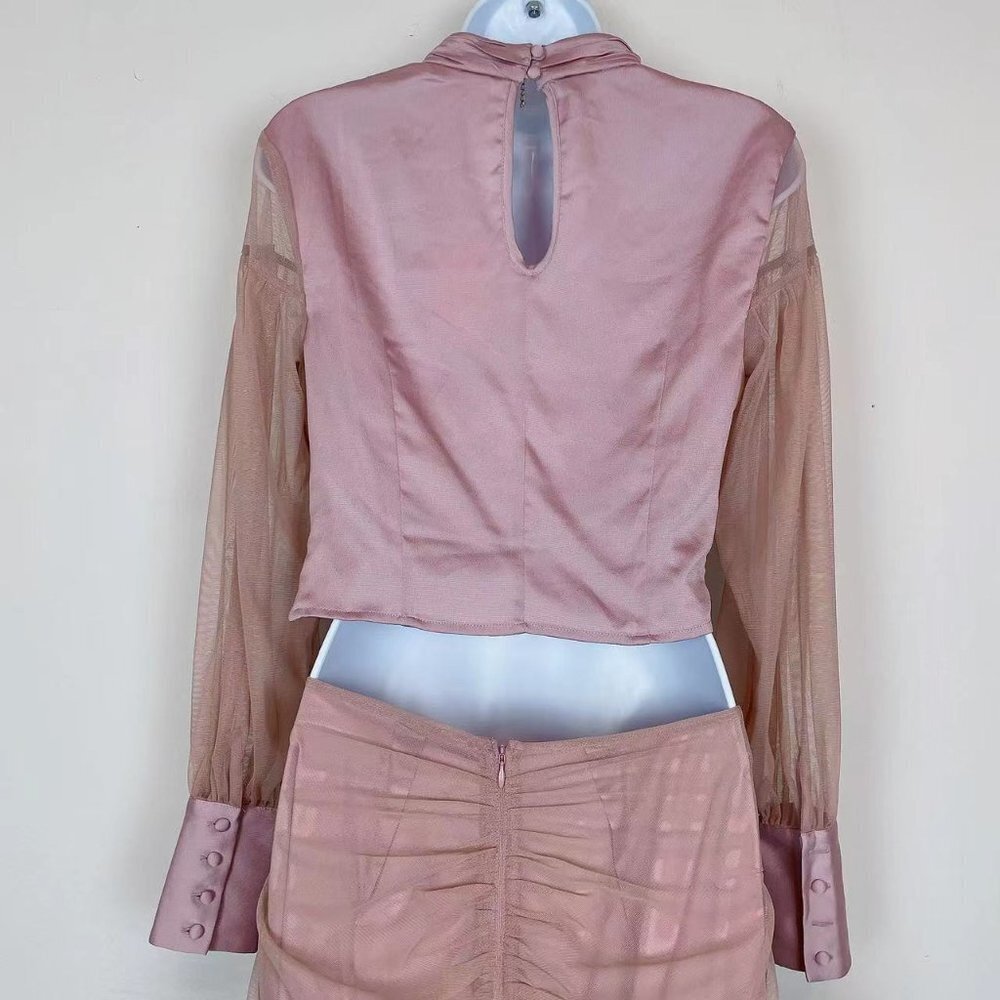 Bellevue the Label Lucie Mixed Media Long Sleeve Satin Blouse and Mesh Skirt Set - Picture 5 of 6